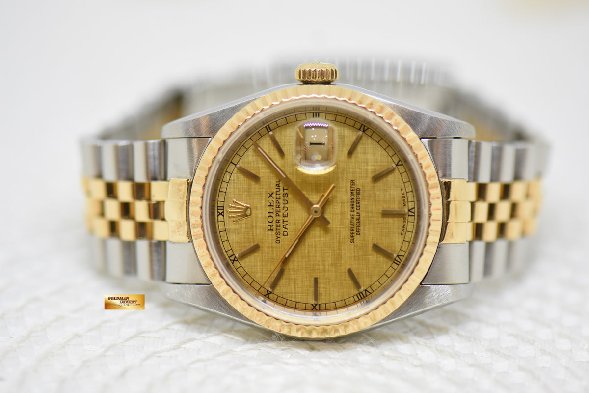 [SOLD] ROLEX OYSTER DATEJUST 36mm HALF-GOLD IN JUBILEE BRACELET GOLD LINEN DIAL 16233 (MINT)