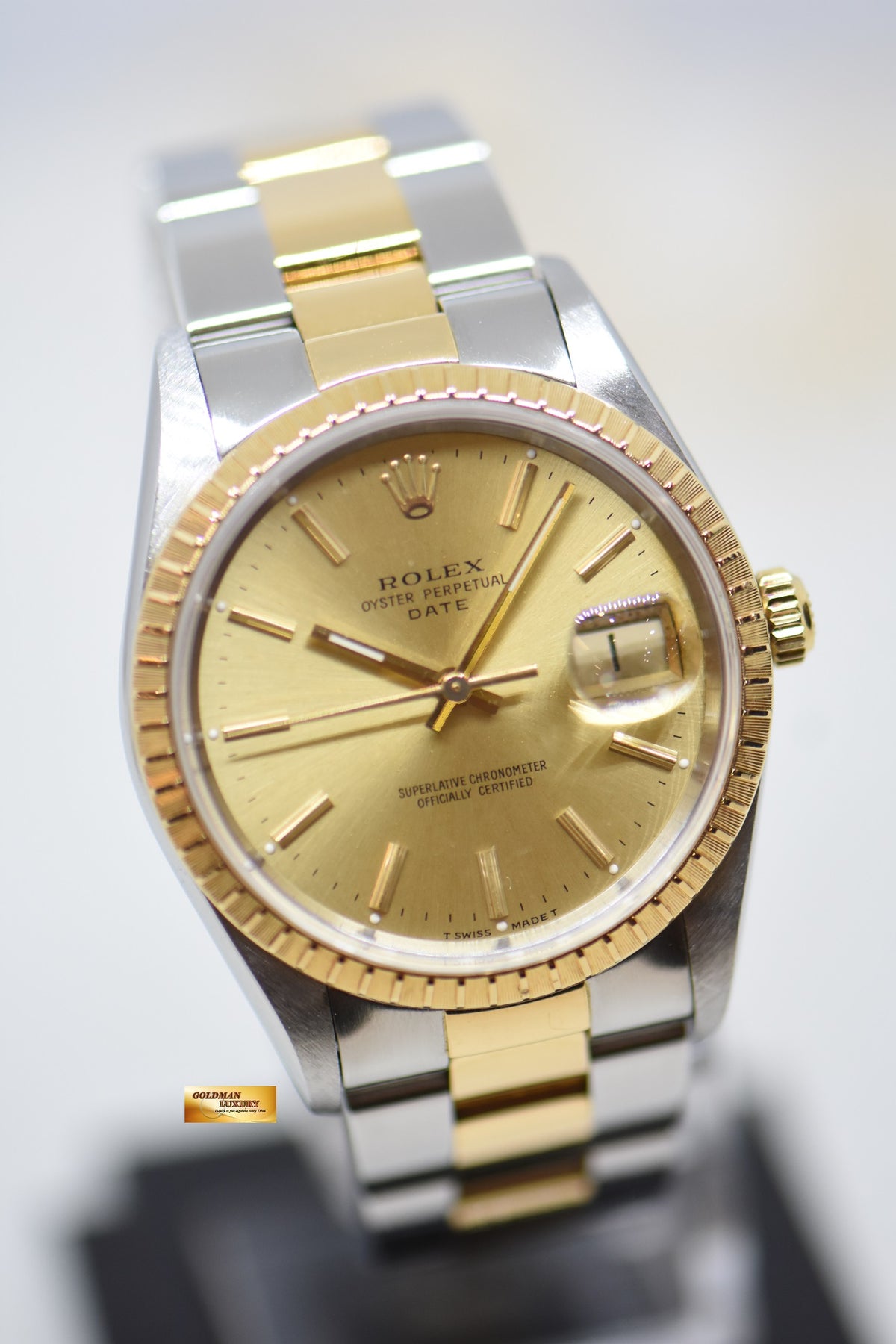 [SOLD] ROLEX OYSTER DATE 34mm HALF-GOLD IN OYSTER BRACELET GOLD DIAL 15223 (MINT)