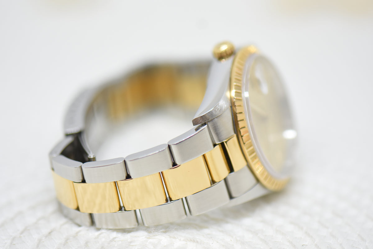 [SOLD] ROLEX OYSTER DATE 34mm HALF-GOLD IN OYSTER BRACELET GOLD DIAL 15223 (MINT)