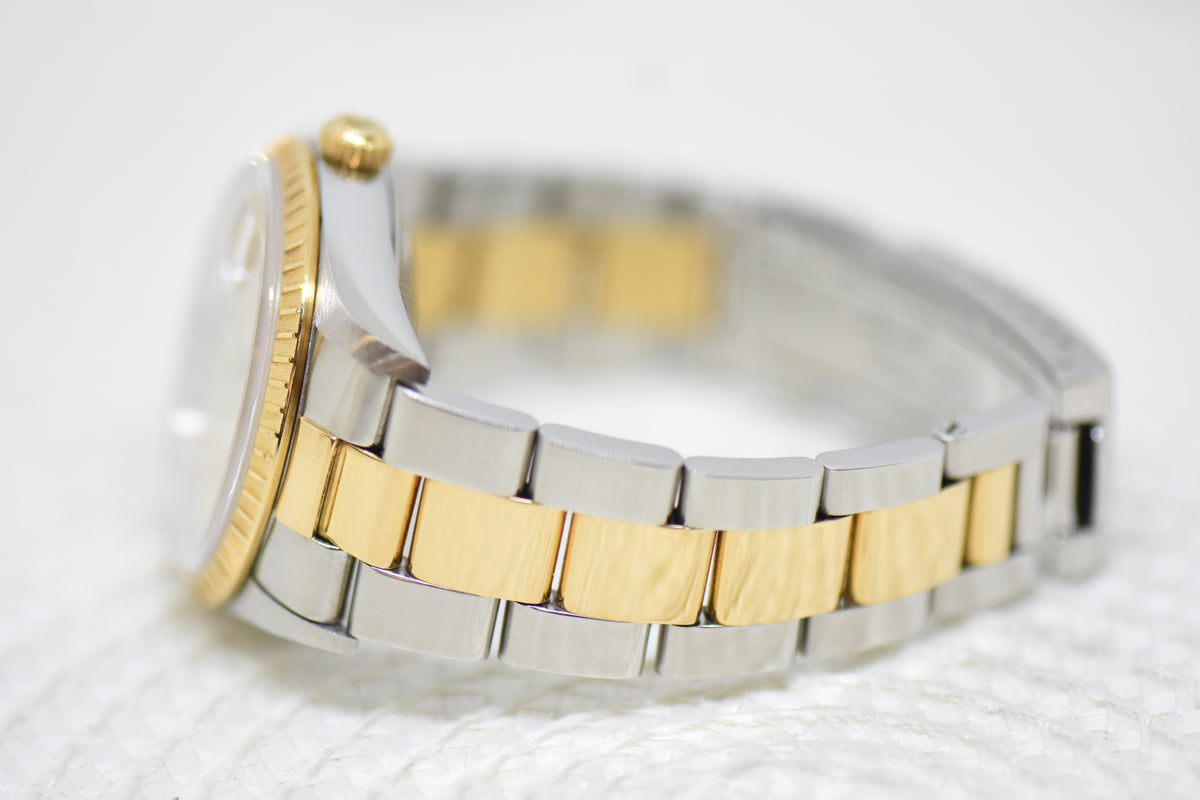 [SOLD] ROLEX OYSTER DATE 34mm HALF-GOLD IN OYSTER BRACELET GOLD DIAL 15223 (MINT)