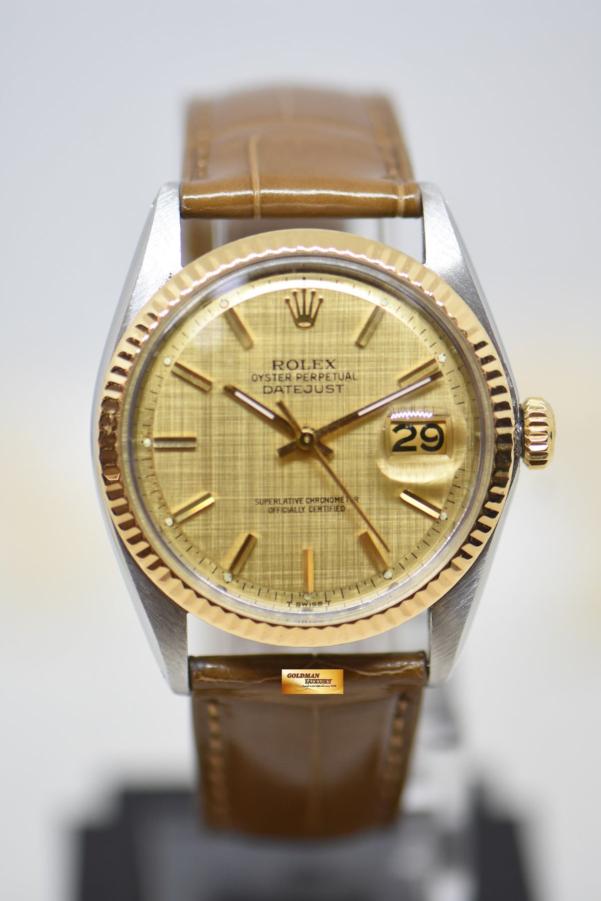 [SOLD] ROLEX OYSTER DATEJUST 36mm HALF-GOLD IN LEATHER STRAP GOLD LINEN DIAL 1601 (NON-QUICKSET-DATE) (MINT)