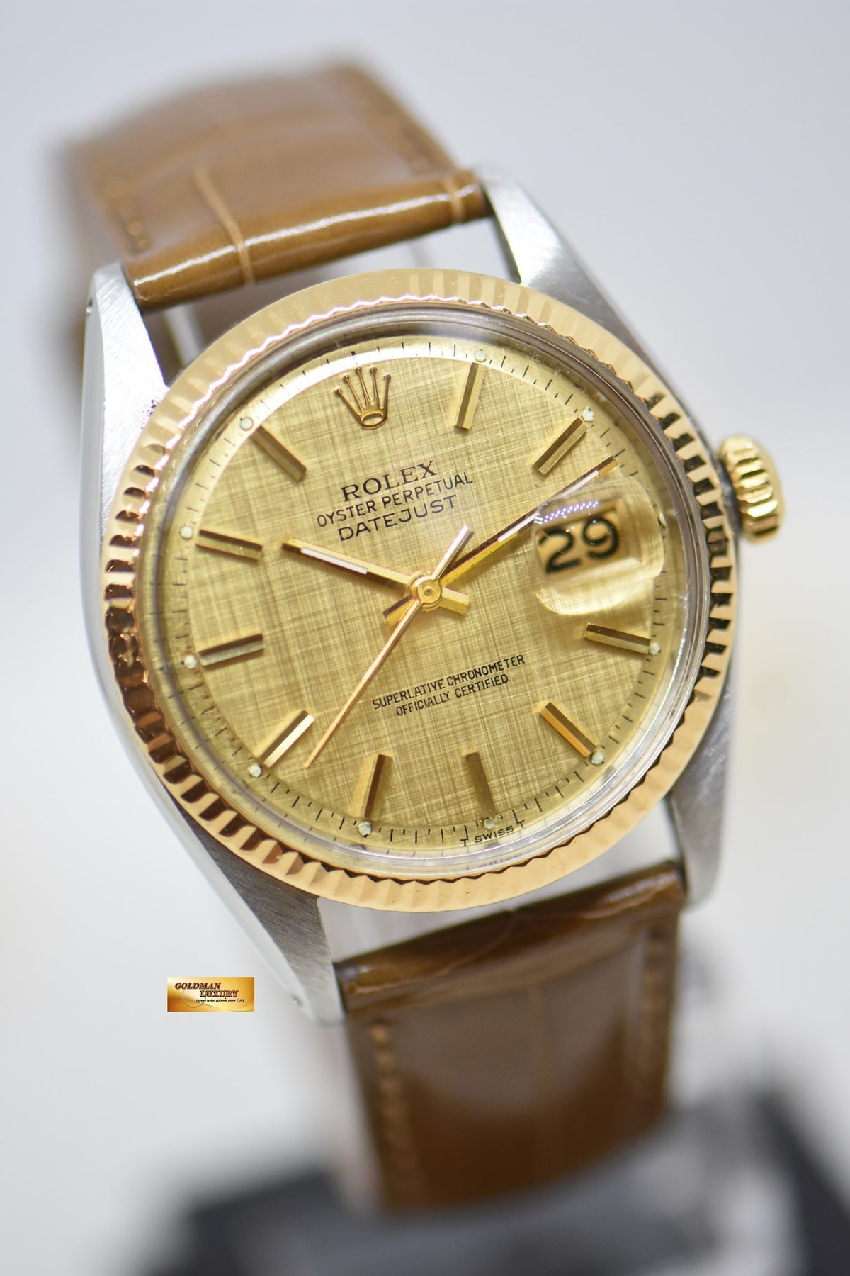 [SOLD] ROLEX OYSTER DATEJUST 36mm HALF-GOLD IN LEATHER STRAP GOLD LINEN DIAL 1601 (NON-QUICKSET-DATE) (MINT)