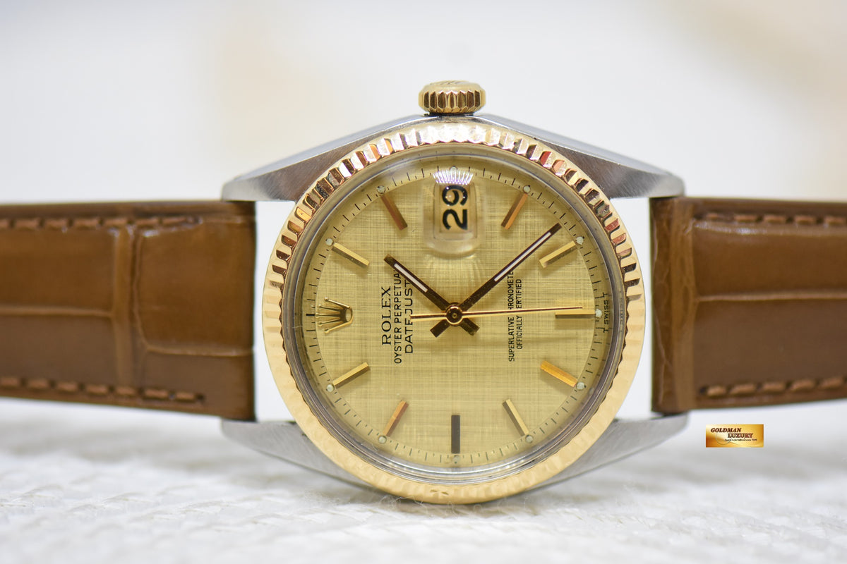 [SOLD] ROLEX OYSTER DATEJUST 36mm HALF-GOLD IN LEATHER STRAP GOLD LINEN DIAL 1601 (NON-QUICKSET-DATE) (MINT)