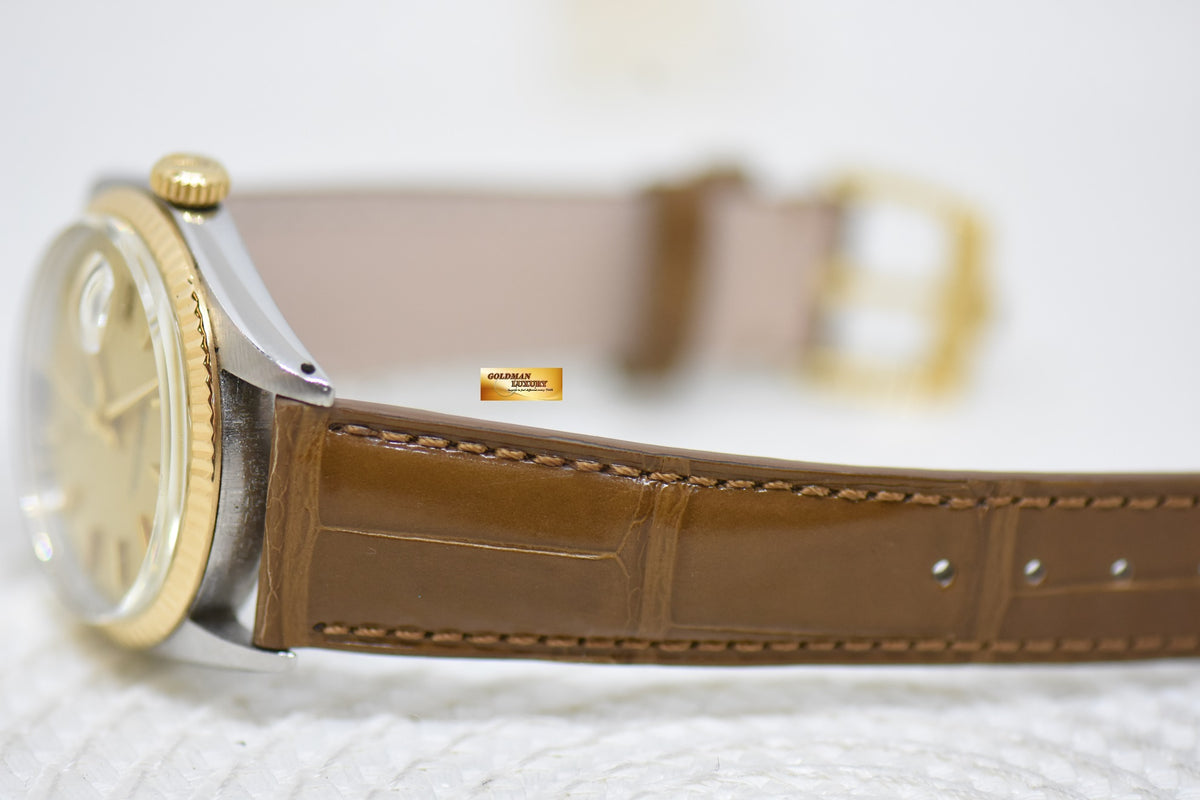 [SOLD] ROLEX OYSTER DATEJUST 36mm HALF-GOLD IN LEATHER STRAP GOLD LINEN DIAL 1601 (NON-QUICKSET-DATE) (MINT)
