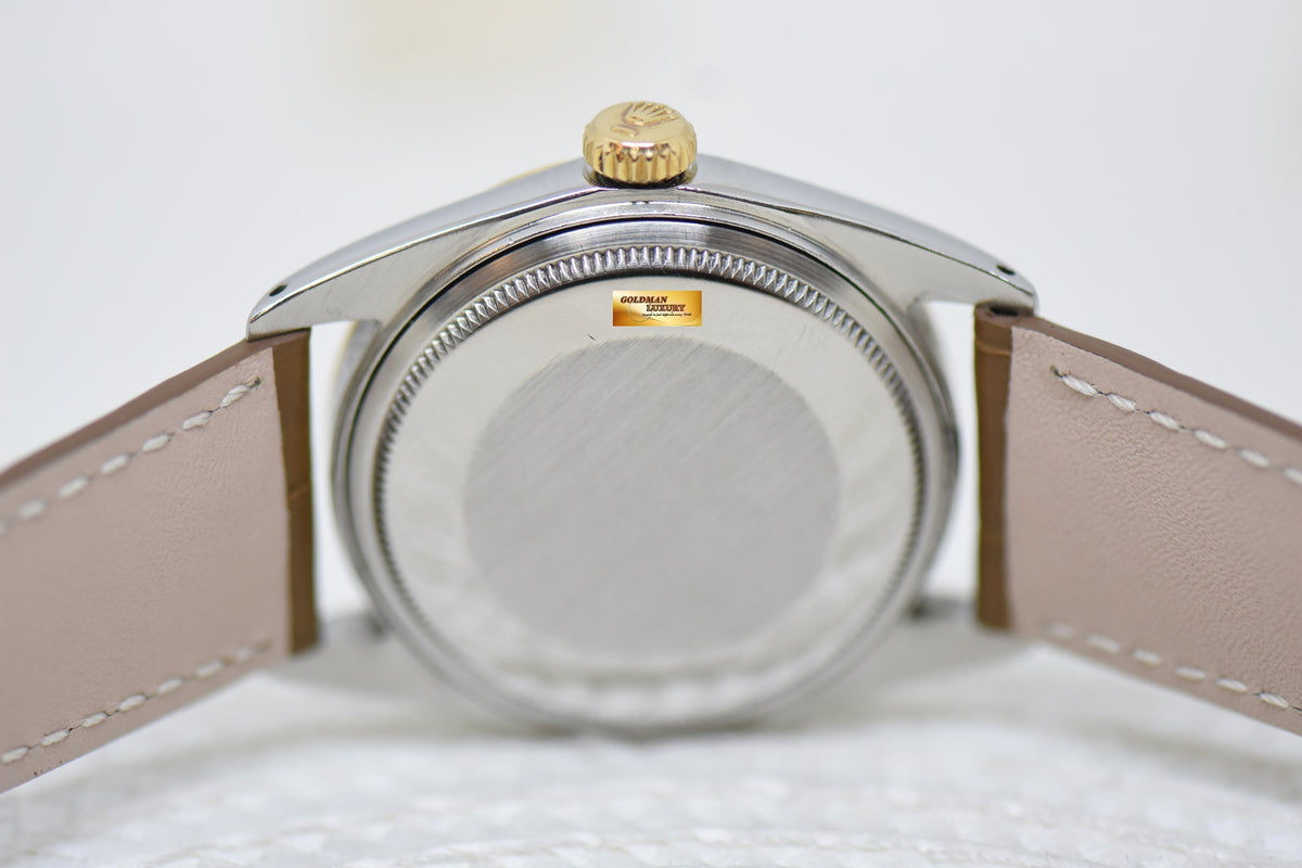 [SOLD] ROLEX OYSTER DATEJUST 36mm HALF-GOLD IN LEATHER STRAP GOLD LINEN DIAL 1601 (NON-QUICKSET-DATE) (MINT)