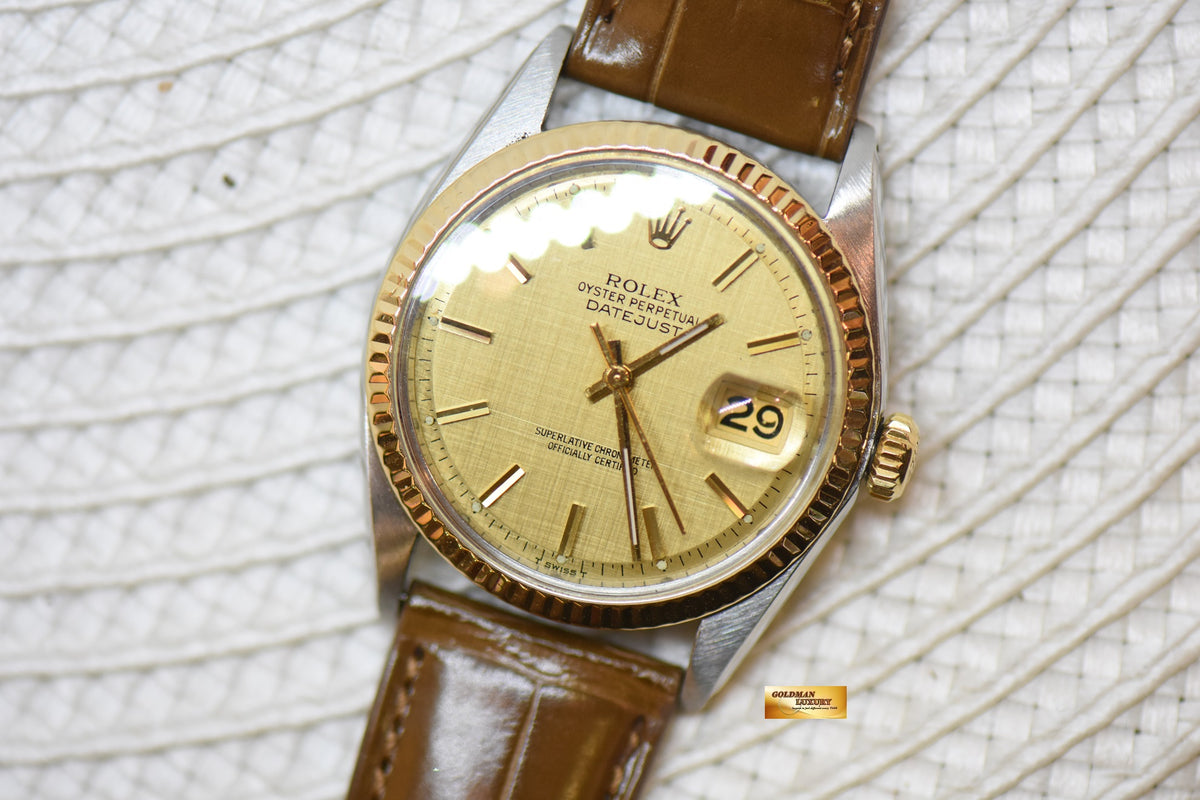 [SOLD] ROLEX OYSTER DATEJUST 36mm HALF-GOLD IN LEATHER STRAP GOLD LINEN DIAL 1601 (NON-QUICKSET-DATE) (MINT)
