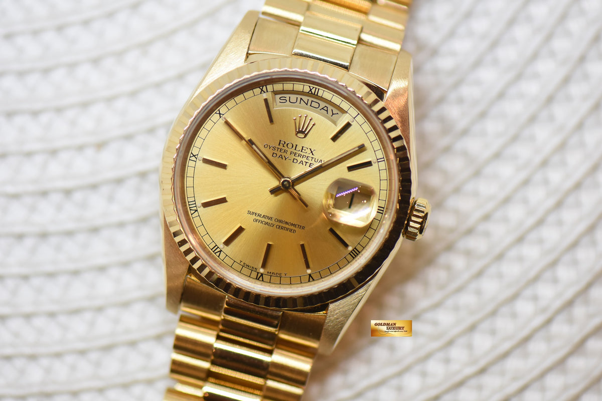 [SOLD] ROLEX OYSTER DAY-DATE 36mm YELLOW GOLD IN PRESIDENT BRACELET GOLD DIAL (DOUBLE QUICK-SET DATE) 18238 (MINT)