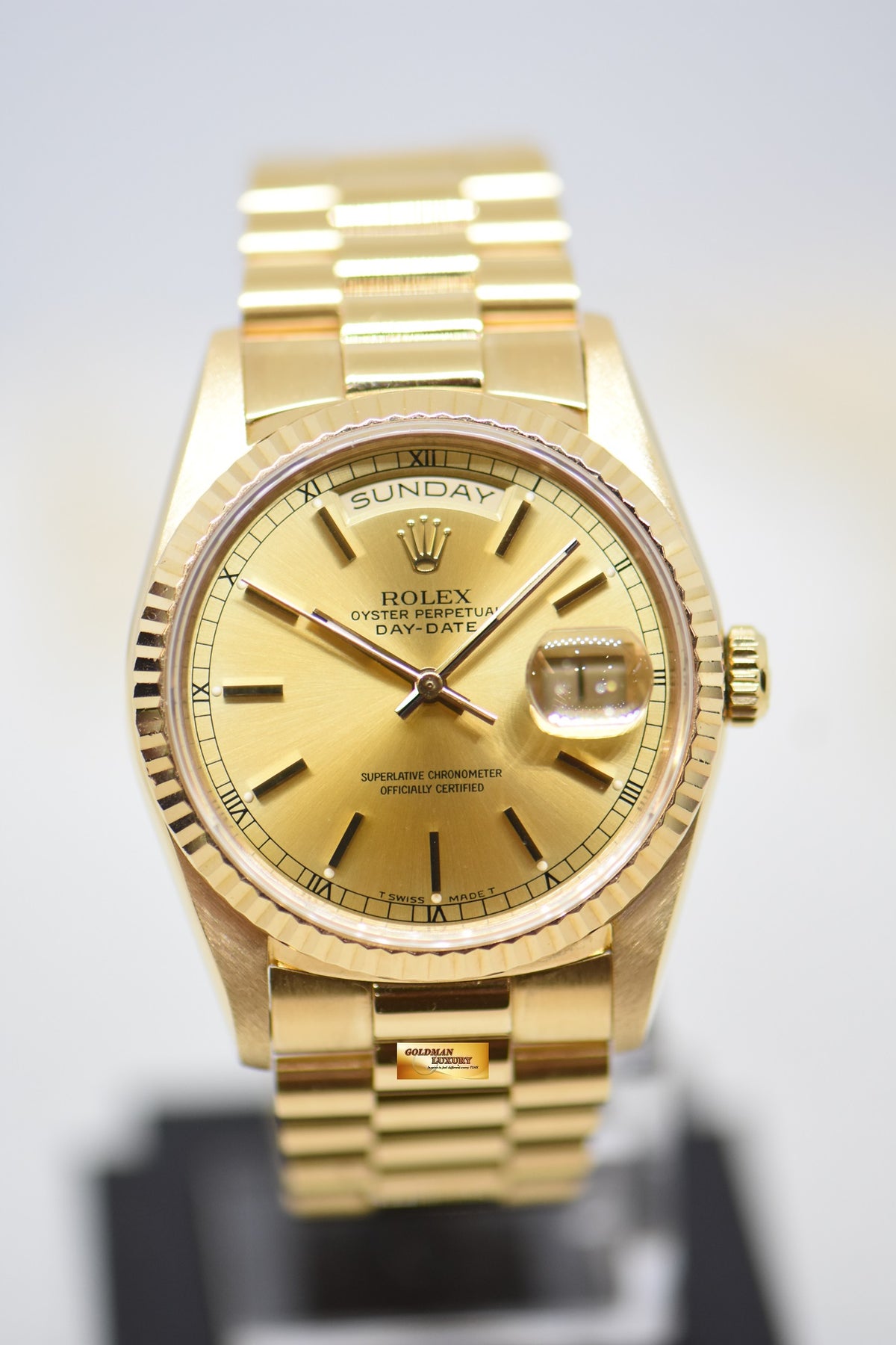 [SOLD] ROLEX OYSTER DAY-DATE 36mm YELLOW GOLD IN PRESIDENT BRACELET GOLD DIAL (DOUBLE QUICK-SET DATE) 18238 (MINT)