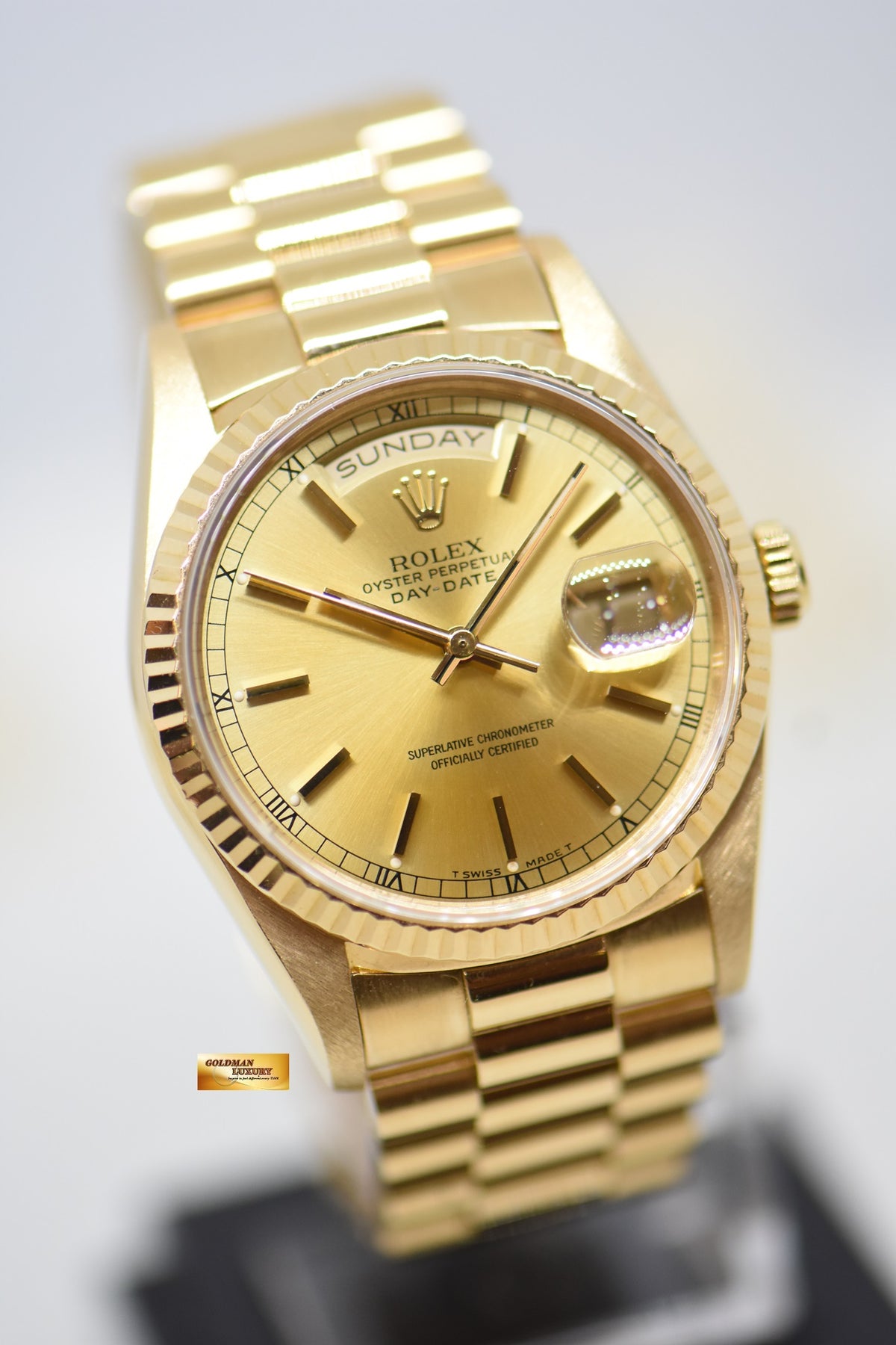 [SOLD] ROLEX OYSTER DAY-DATE 36mm YELLOW GOLD IN PRESIDENT BRACELET GOLD DIAL (DOUBLE QUICK-SET DATE) 18238 (MINT)