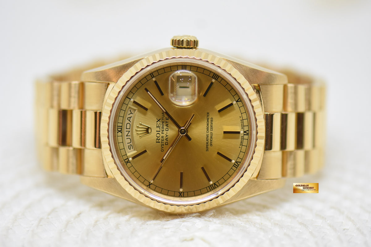 [SOLD] ROLEX OYSTER DAY-DATE 36mm YELLOW GOLD IN PRESIDENT BRACELET GOLD DIAL (DOUBLE QUICK-SET DATE) 18238 (MINT)