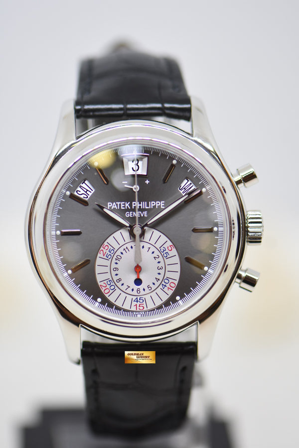 PATEK PHILIPPE ANNUAL CALENDAR FLYBACK CHRONOGRAPH 40.5mm PLATINUM IN LEATHER STRAP DARK GREY DIAL 5960P (MINT)