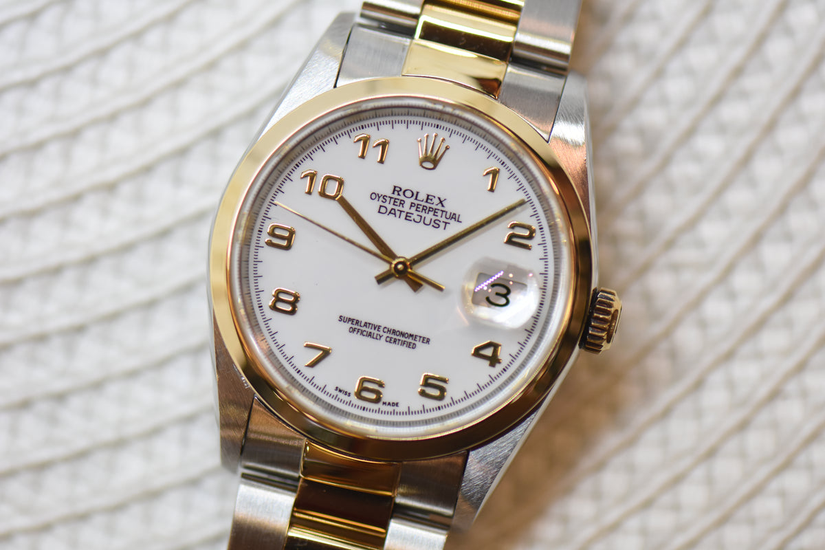 [SOLD] ROLEX OYSTER DATEJUST 36mm HALF-GOLD IN OYSTER BRACELET WHITE ARABIC DIAL 16203 (MINT)