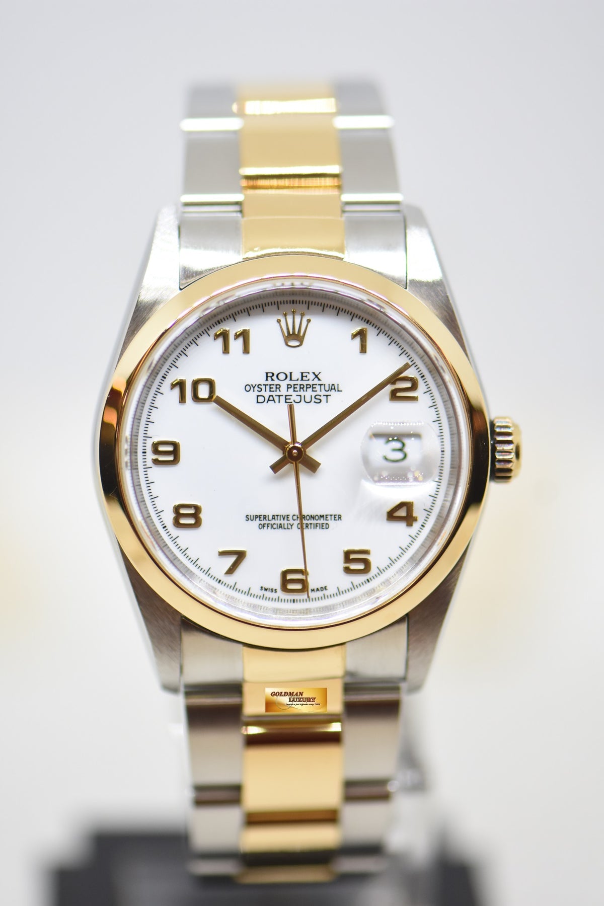 [SOLD] ROLEX OYSTER DATEJUST 36mm HALF-GOLD IN OYSTER BRACELET WHITE ARABIC DIAL 16203 (MINT)