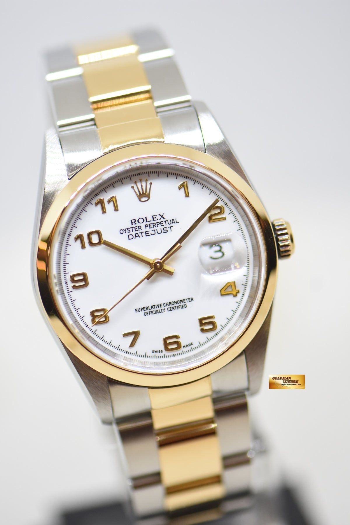 [SOLD] ROLEX OYSTER DATEJUST 36mm HALF-GOLD IN OYSTER BRACELET WHITE ARABIC DIAL 16203 (MINT)