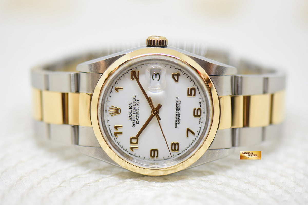[SOLD] ROLEX OYSTER DATEJUST 36mm HALF-GOLD IN OYSTER BRACELET WHITE ARABIC DIAL 16203 (MINT)