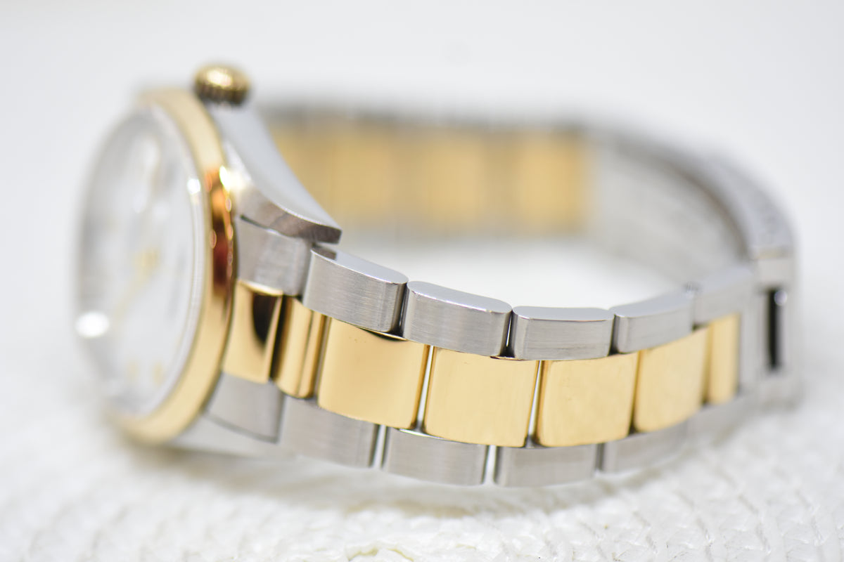 [SOLD] ROLEX OYSTER DATEJUST 36mm HALF-GOLD IN OYSTER BRACELET WHITE ARABIC DIAL 16203 (MINT)