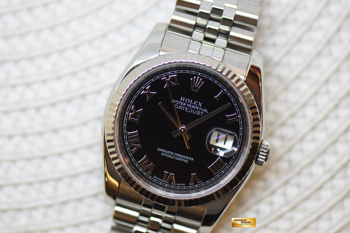 [SOLD] ROLEX OYSTER DATEJUST 36mm STEEL IN JUBILEE BRACELET BLACK ROMAN DIAL 116234 (MINT)