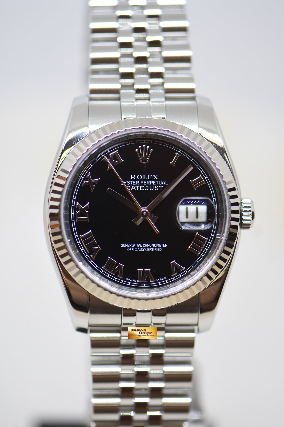 [SOLD] ROLEX OYSTER DATEJUST 36mm STEEL IN JUBILEE BRACELET BLACK ROMAN DIAL 116234 (MINT)