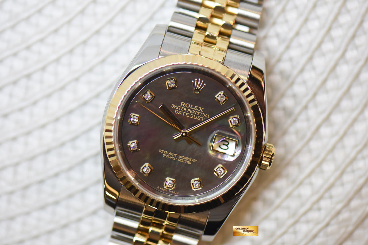 [SOLD] ROLEX OYSTER DATEJUST 36mm HALF-GOLD IN JUBILEE BRACELET DARK TAHITIAN MOP DIAMOND DIAL 116233 (MINT)