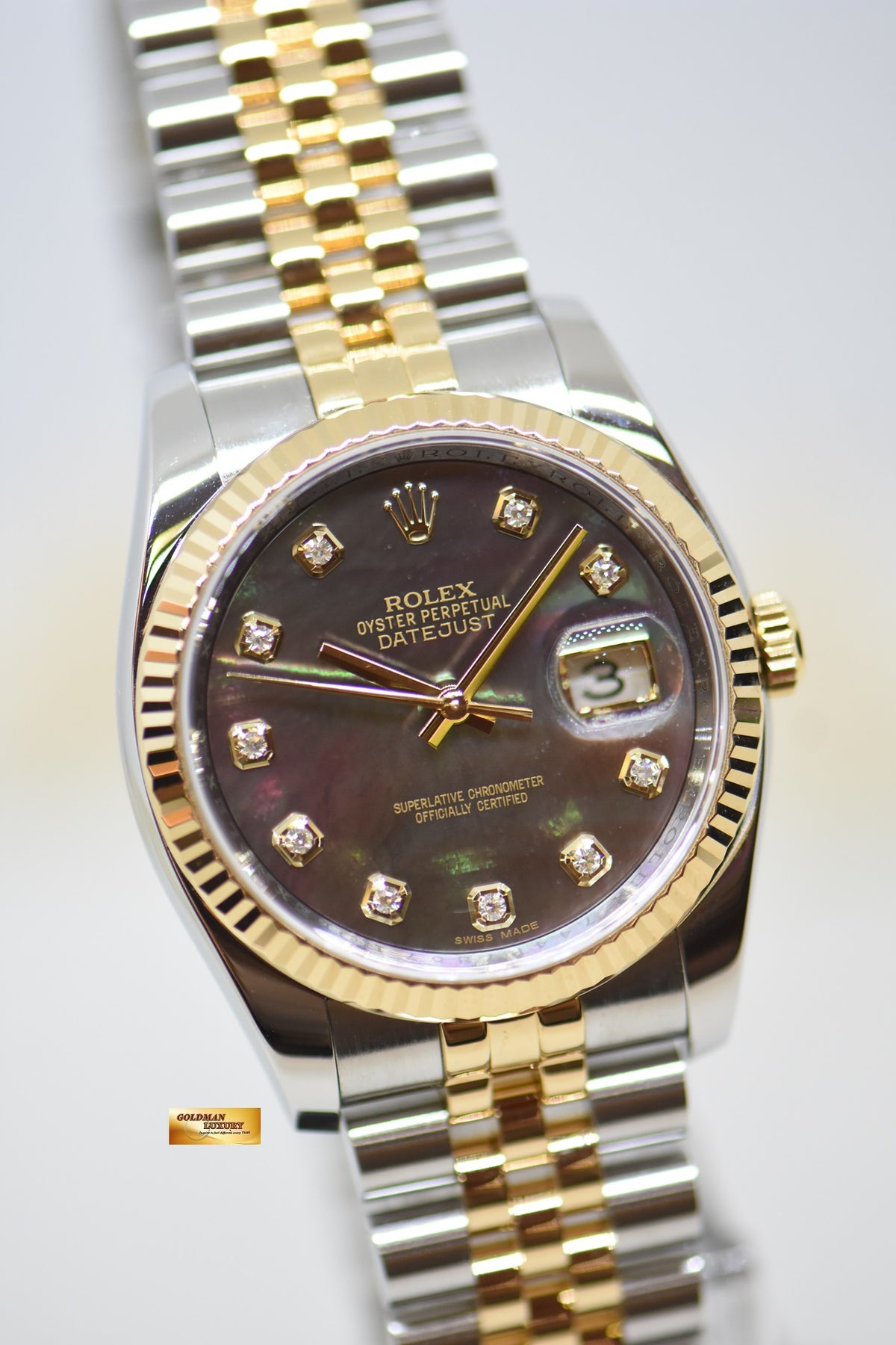[SOLD] ROLEX OYSTER DATEJUST 36mm HALF-GOLD IN JUBILEE BRACELET DARK TAHITIAN MOP DIAMOND DIAL 116233 (MINT)