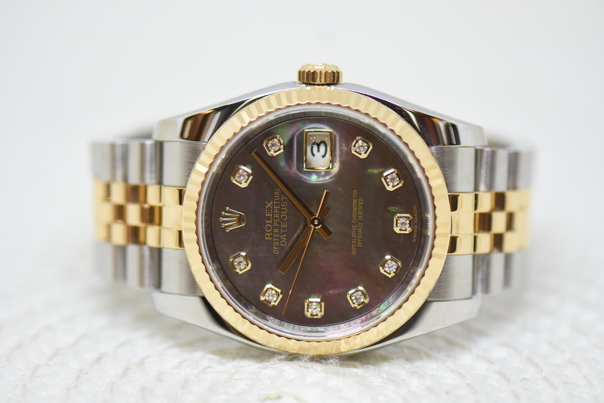 [SOLD] ROLEX OYSTER DATEJUST 36mm HALF-GOLD IN JUBILEE BRACELET DARK TAHITIAN MOP DIAMOND DIAL 116233 (MINT)