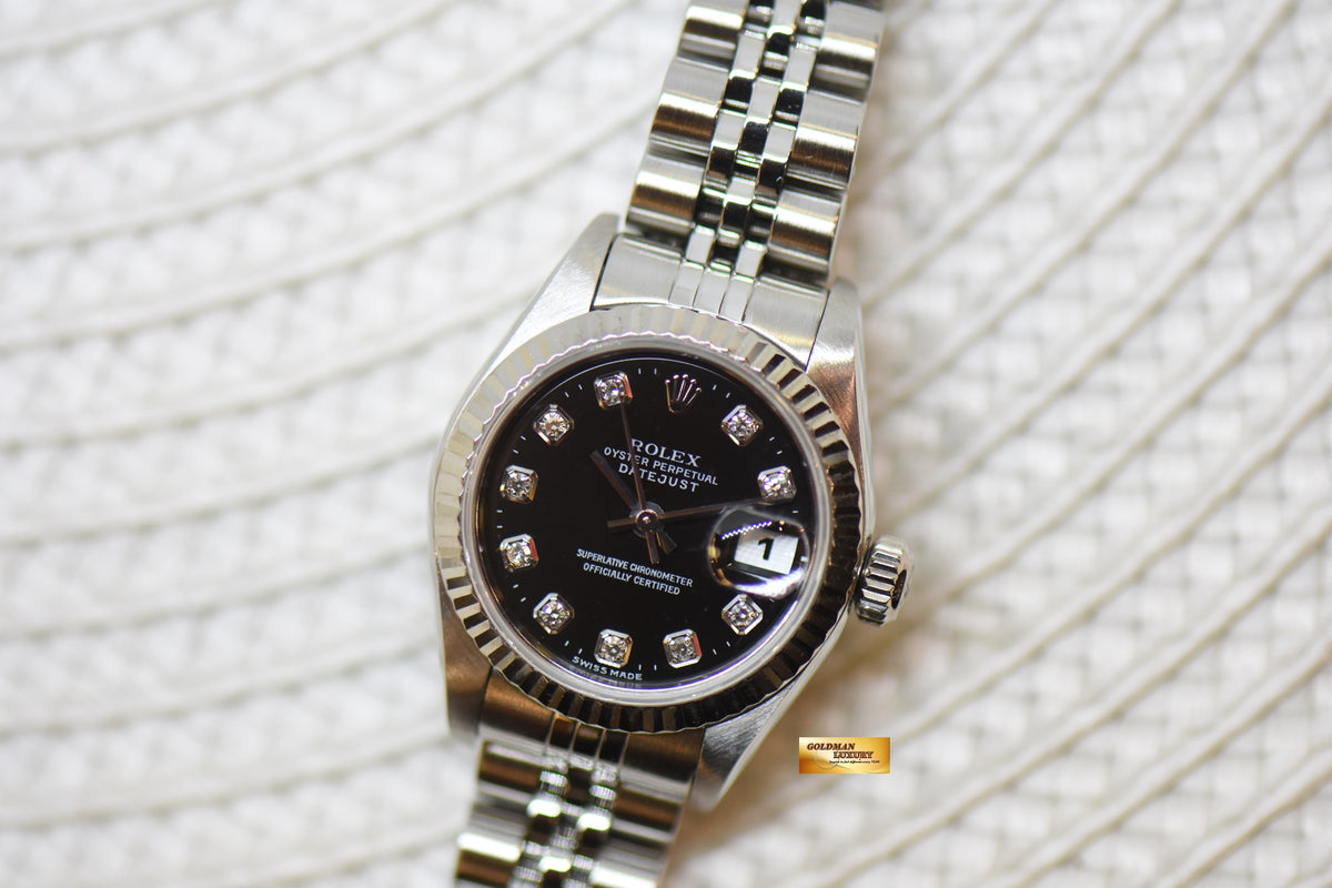 [SOLD] ROLEX OYSTER DATEJUST 26mm STEEL IN JUBILEE BRACELET BLACK DIAMOND DIAL 69174 (MINT)