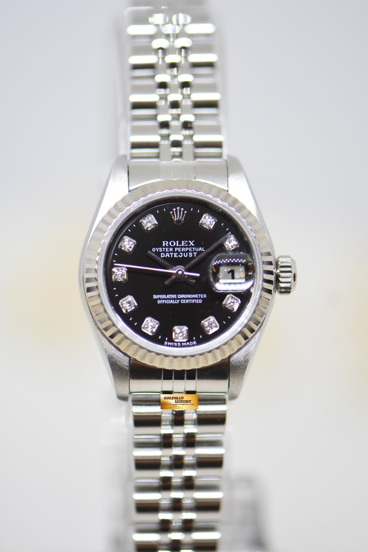 [SOLD] ROLEX OYSTER DATEJUST 26mm STEEL IN JUBILEE BRACELET BLACK DIAMOND DIAL 69174 (MINT)