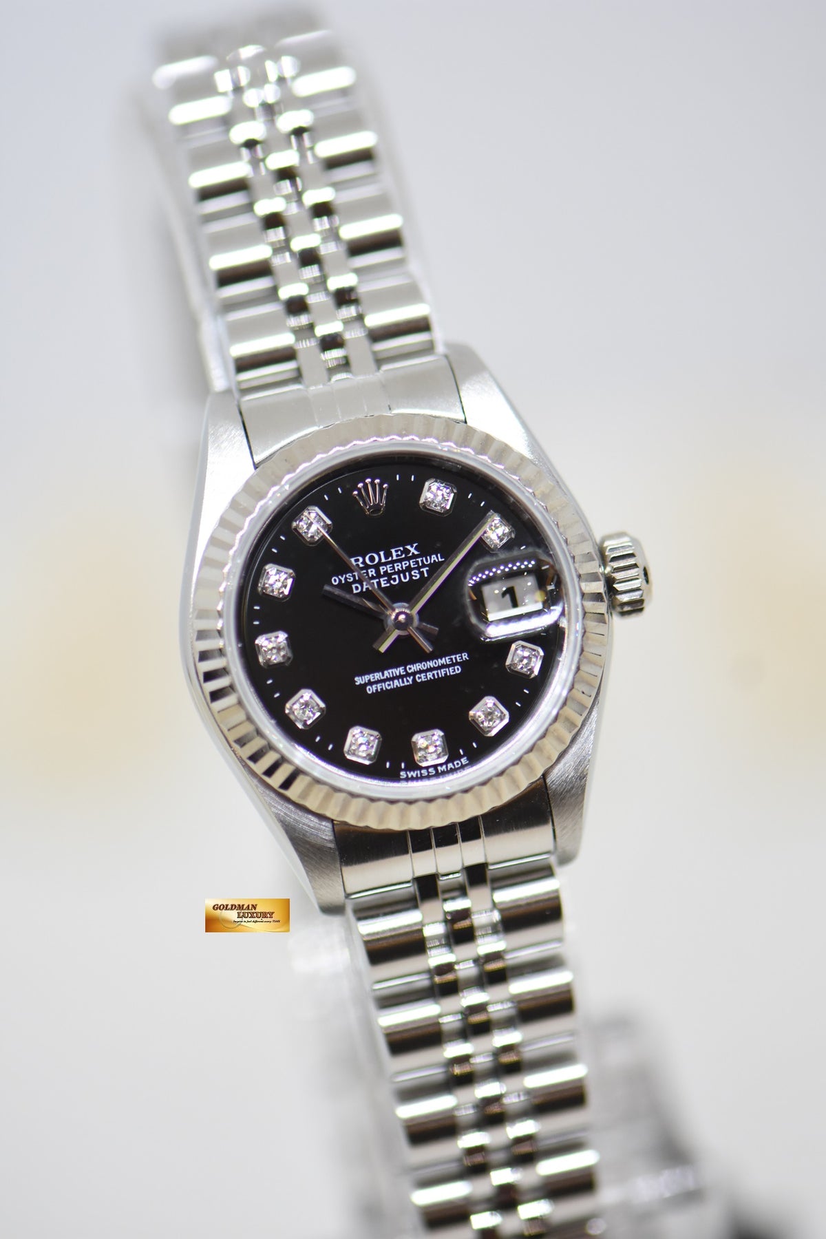 [SOLD] ROLEX OYSTER DATEJUST 26mm STEEL IN JUBILEE BRACELET BLACK DIAMOND DIAL 69174 (MINT)