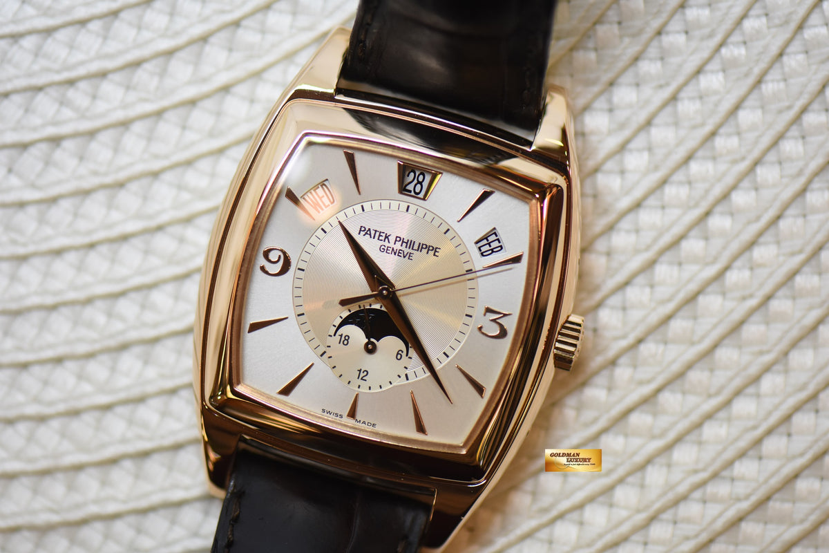 [SOLD] PATEK PHILIPPE ANNUAL CALENDAR with MOONPHASE GONDOLO TONNEAU ROSE GOLD IN LEATHER STRAP MEN’S AUTOMATIC 5135R (MINT)