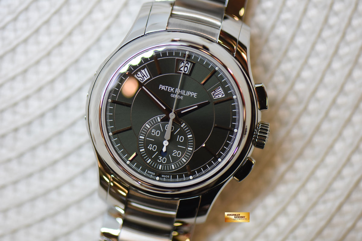 [SOLD] PATEK PHILIPPE FLYBACK CHRONOGRAPH ANNUAL CALENDAR 42mm STEEL IN BRACELET OLIVE GREEN AUTOMATIC 5905/1A (NEW-UNWORN)