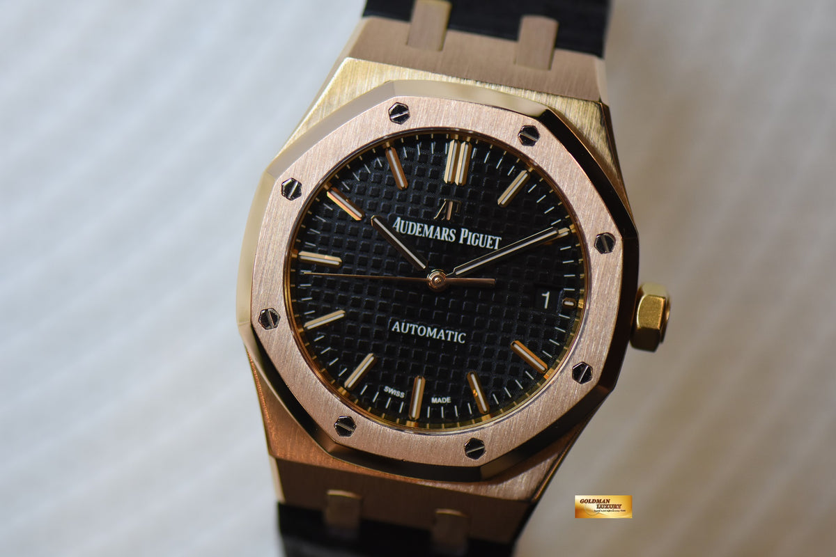 [SOLD] AUDEMARS PIGUET ROYAL OAK 37mm ROSE GOLD IN LEATHER STRAP BLACK DIAL AUTOMATIC 15450OR (MINT)