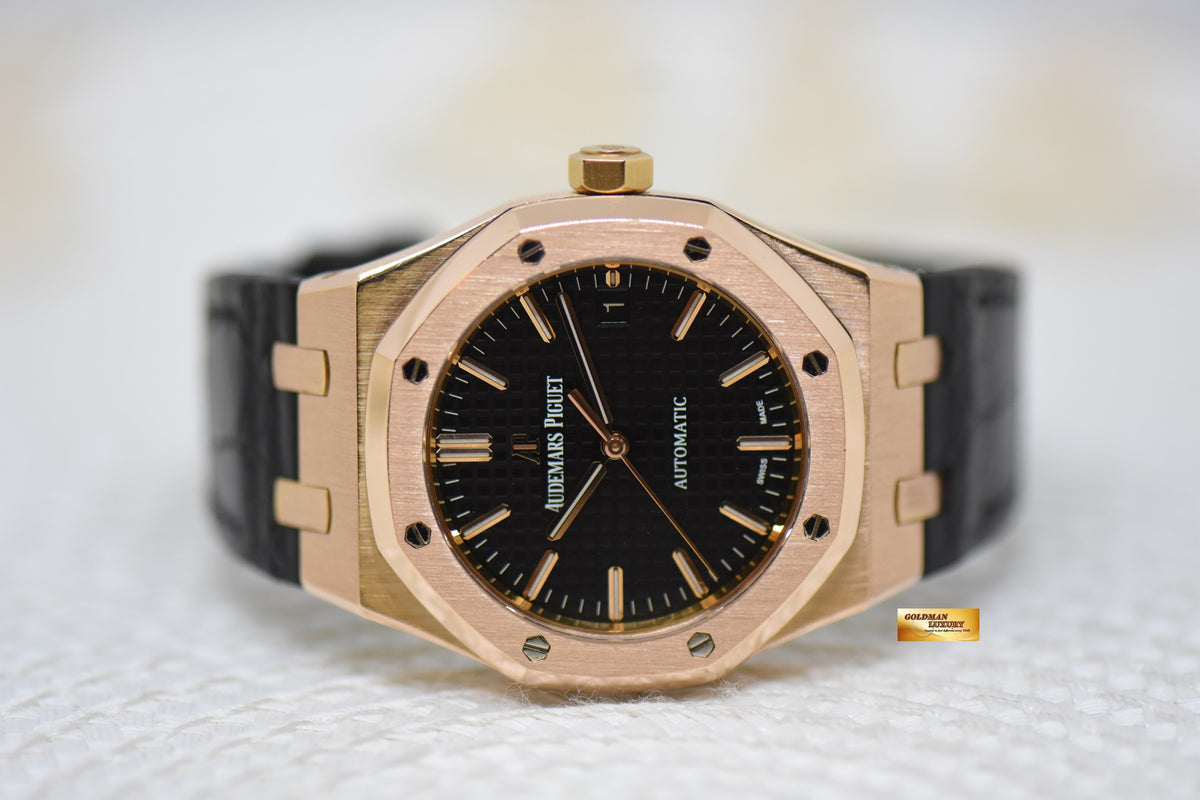 [SOLD] AUDEMARS PIGUET ROYAL OAK 37mm ROSE GOLD IN LEATHER STRAP BLACK DIAL AUTOMATIC 15450OR (MINT)