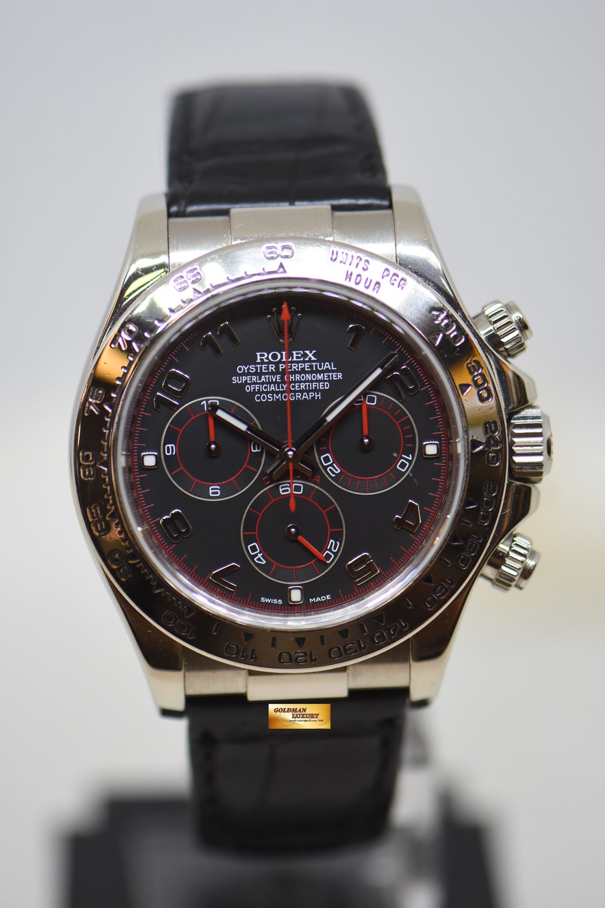 [SOLD] ROLEX OYSTER DAYTONA CHRONOGRAPH 40mm WHITE GOLD IN LEATHER BLACK RACING DIAL 116519 (MINT)