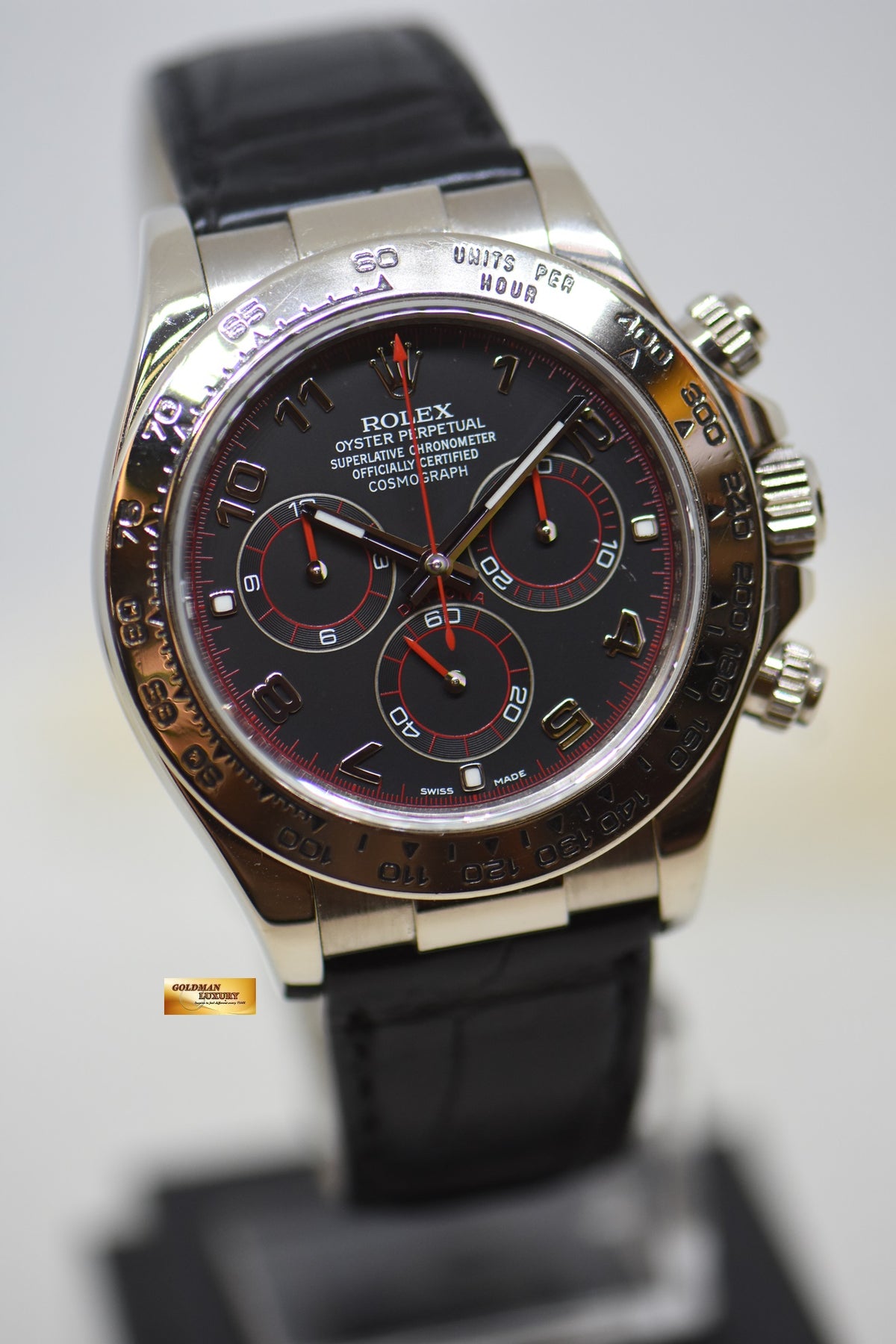 [SOLD] ROLEX OYSTER DAYTONA CHRONOGRAPH 40mm WHITE GOLD IN LEATHER BLACK RACING DIAL 116519 (MINT)