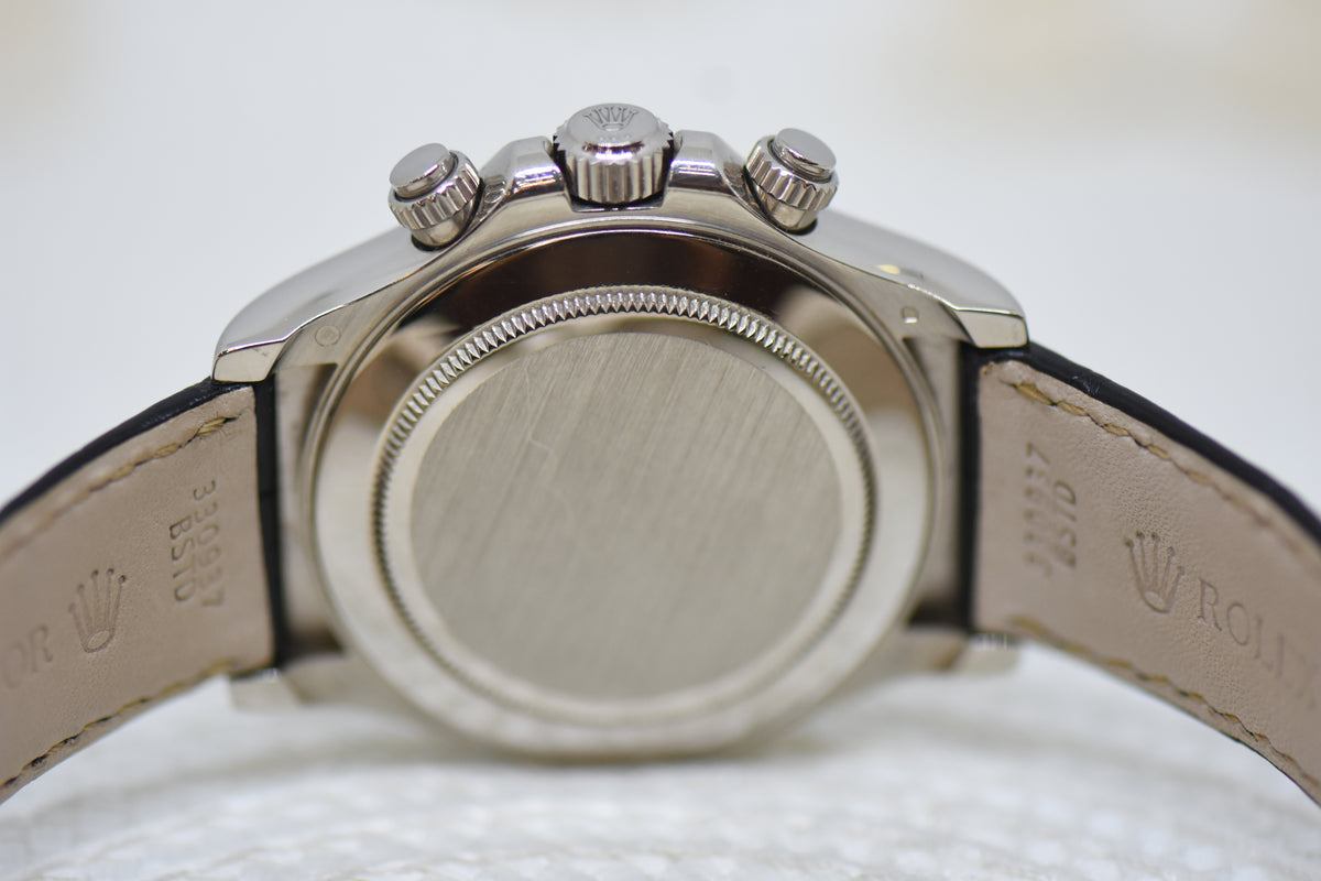 [SOLD] ROLEX OYSTER DAYTONA CHRONOGRAPH 40mm WHITE GOLD IN LEATHER BLACK RACING DIAL 116519 (MINT)