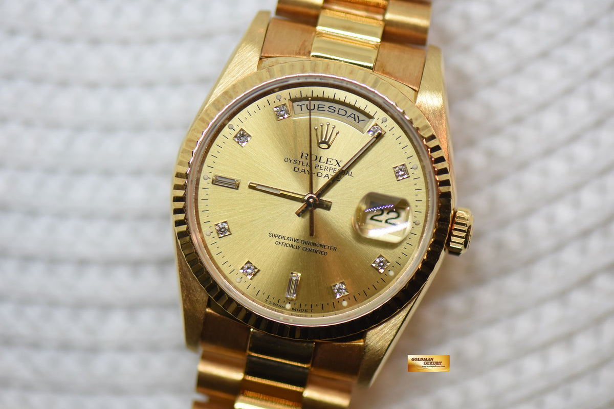 [SOLD] ROLEX OYSTER DAY-DATE 36mm YELLOW GOLD IN PRESIDENT BRACELET GOLD DIAMOND DIAL (DOUBLE QUICK-SET DATE) 18238 (MINT)