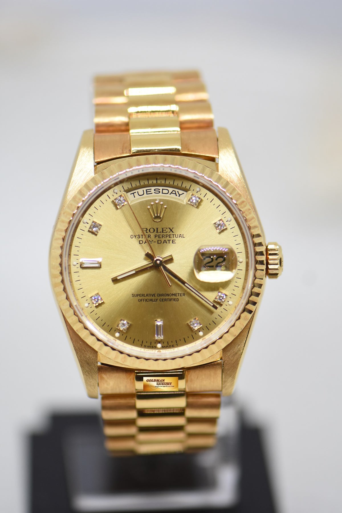 [SOLD] ROLEX OYSTER DAY-DATE 36mm YELLOW GOLD IN PRESIDENT BRACELET GOLD DIAMOND DIAL (DOUBLE QUICK-SET DATE) 18238 (MINT)