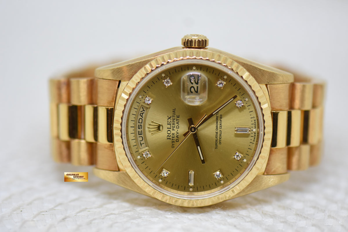 [SOLD] ROLEX OYSTER DAY-DATE 36mm YELLOW GOLD IN PRESIDENT BRACELET GOLD DIAMOND DIAL (DOUBLE QUICK-SET DATE) 18238 (MINT)