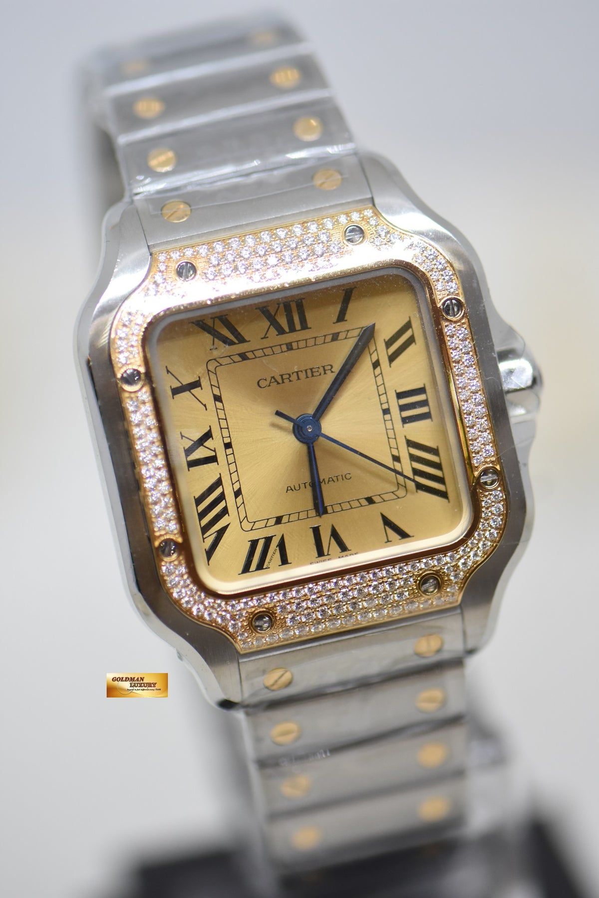 [SOLD] SANTOS De CARTIER MEDIUM HALF-GOLD IN BRACELET & LEATHER STRAP ORIGINAL DIAMOND BEZEL AUTOMATIC W3SA0007 (BRAND NEW-UNWORN)