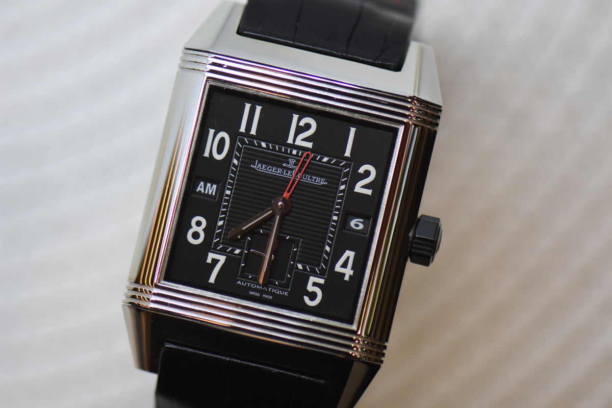 [SOLD] JLC REVERSO SQUADRA HOMETIME am/pm GMT STEEL IN LEATHER AUTOMATIC 230.8.77 (MINT)