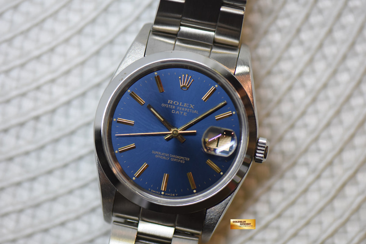 [SOLD] ROLEX OYSTER PERPETUAL DATE 34mm STEEL IN BRACELET BLUE DIAL 15200 (QUICKSET-DATE) (MINT)