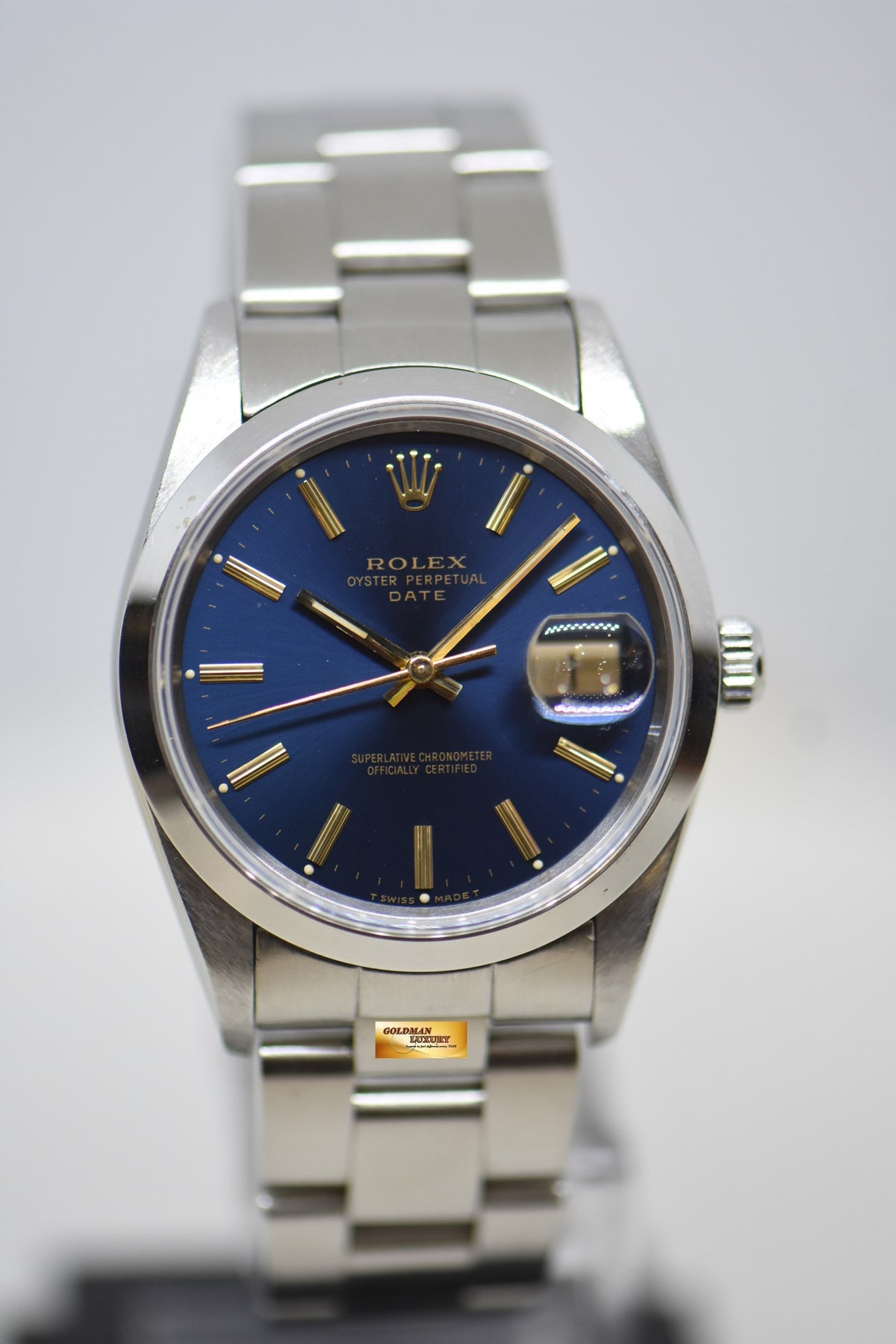 [SOLD] ROLEX OYSTER PERPETUAL DATE 34mm STEEL IN BRACELET BLUE DIAL 15200 (QUICKSET-DATE) (MINT)
