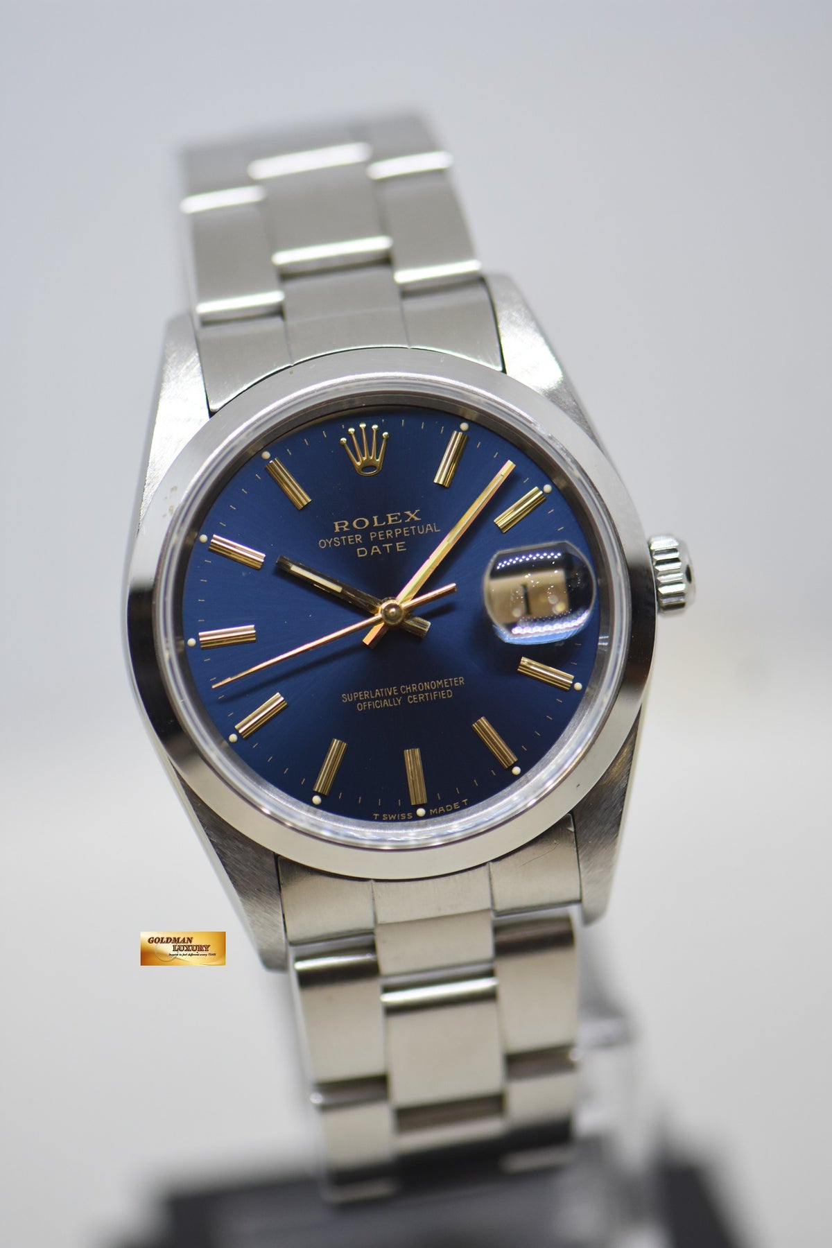 [SOLD] ROLEX OYSTER PERPETUAL DATE 34mm STEEL IN BRACELET BLUE DIAL 15200 (QUICKSET-DATE) (MINT)