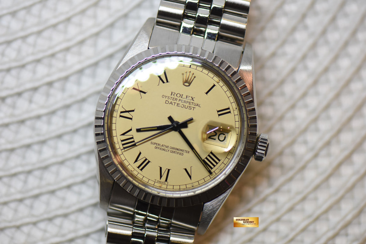 [SOLD] ROLEX OYSTER DATEJUST 36mm STEEL IN JUBILEE BRACELET CREAM BUCKLEY DIAL 16030 (MINT)