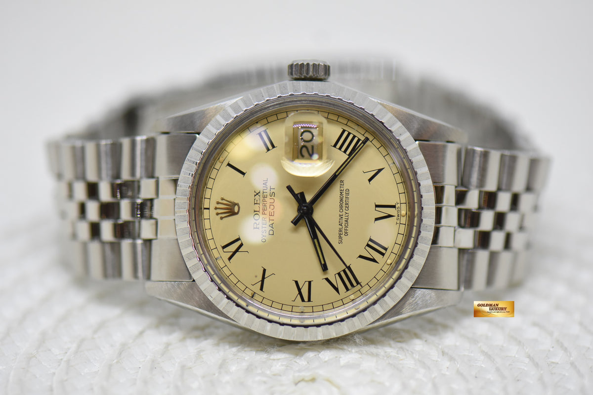 [SOLD] ROLEX OYSTER DATEJUST 36mm STEEL IN JUBILEE BRACELET CREAM BUCKLEY DIAL 16030 (MINT)