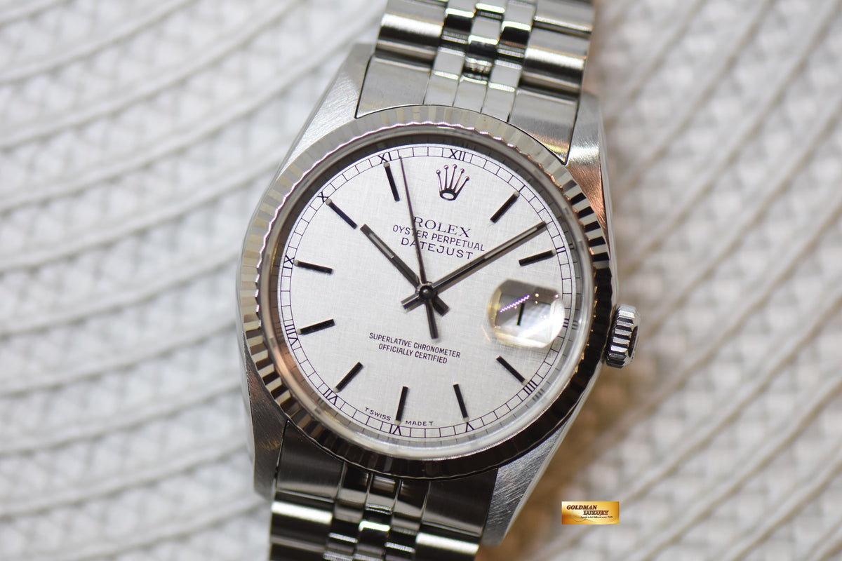 [SOLD] ROLEX OYSTER DATEJUST 36mm STEEL IN JUBILEE BRACELET SILVER LINEN DIAL 16234 (MINT)