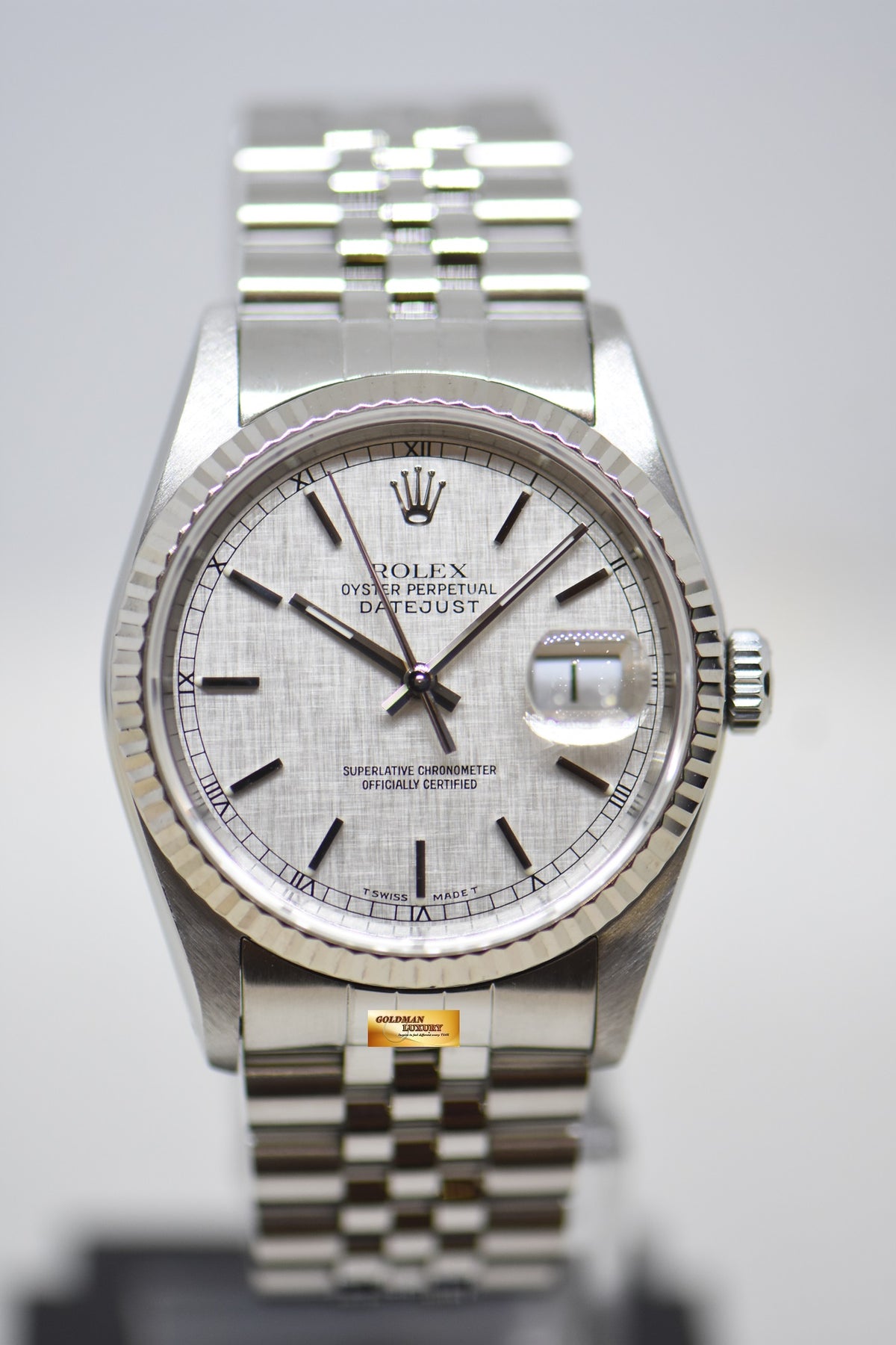 [SOLD] ROLEX OYSTER DATEJUST 36mm STEEL IN JUBILEE BRACELET SILVER LINEN DIAL 16234 (MINT)