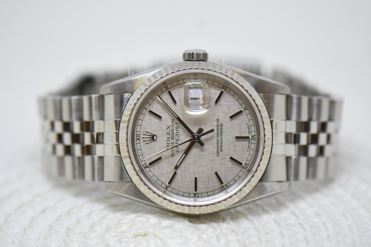 [SOLD] ROLEX OYSTER DATEJUST 36mm STEEL IN JUBILEE BRACELET SILVER LINEN DIAL 16234 (MINT)