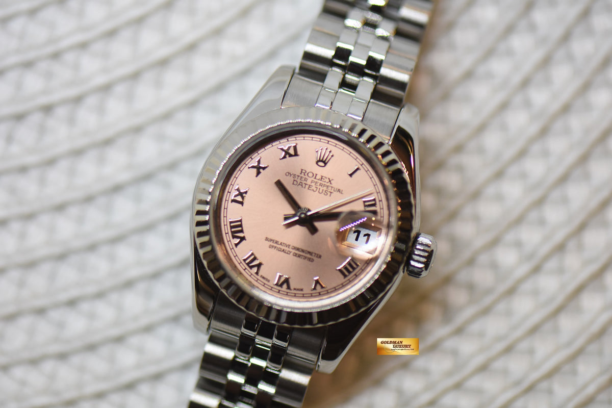 [SOLD] ROLEX OYSTER DATEJUST 26mm STEEL IN JUBILEE BRACELET PINK ROMAN DIAL 179174 (MINT)