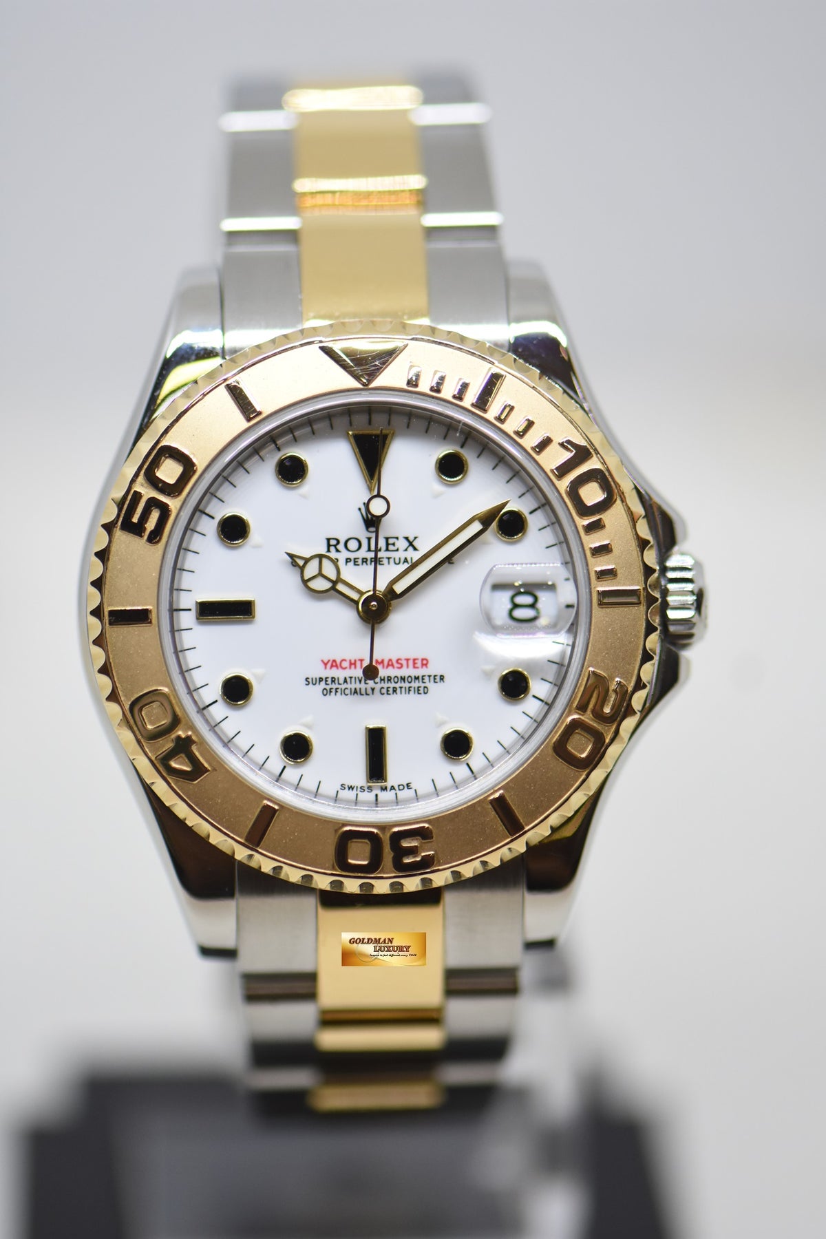 [SOLD] ROLEX OYSTER YACHT MASTER 35mm HALF GOLD IN  BRACELET WHITE DIAL 168623 (MINT)